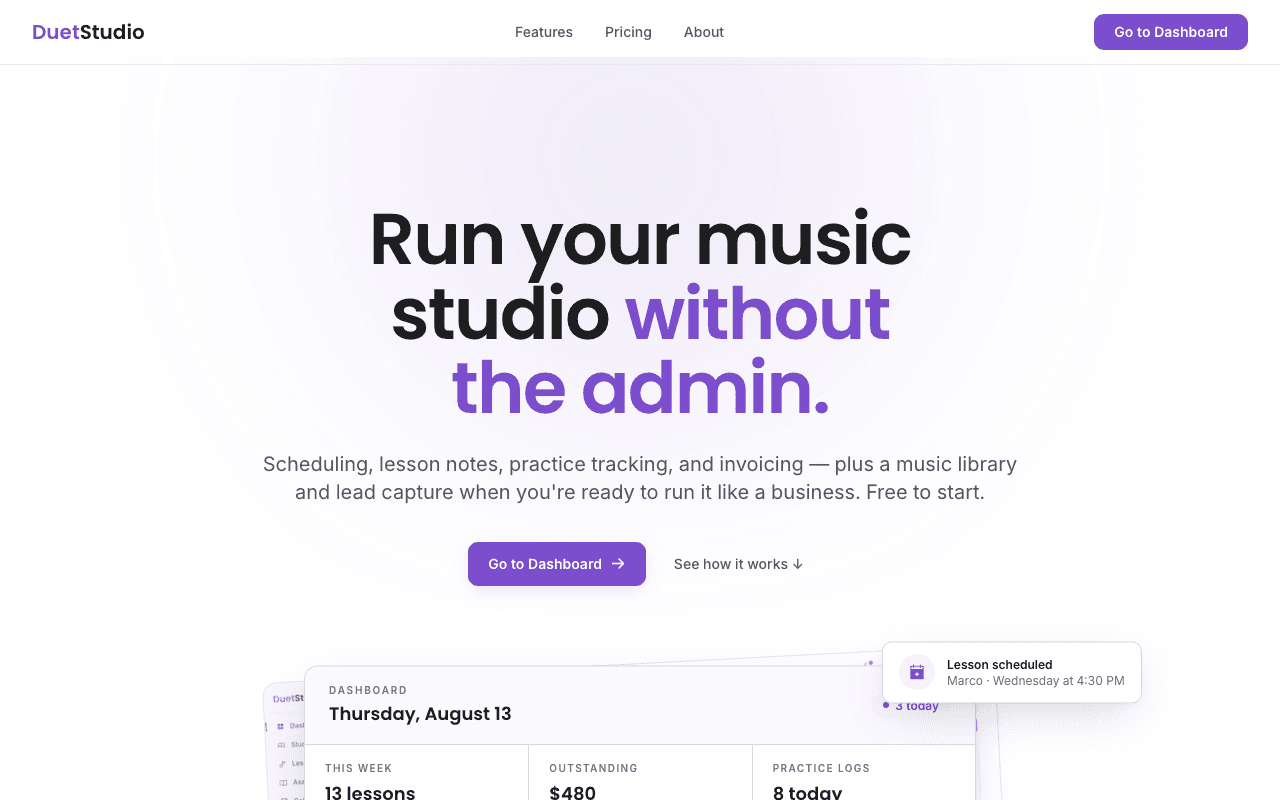The DuetStudio home page, with a teacher's dashboard showing the week's lessons, outstanding invoices and practice logs.